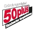 Logo Mitglied 50 plus Handwerker in rot, schwarz und weiß auf transparentem Hintergrund.