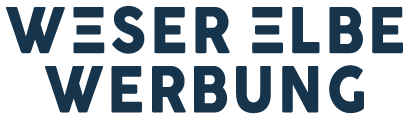 Logo Weser Elbe Werbung in dunkelblau auf transparentem Hintergrund.